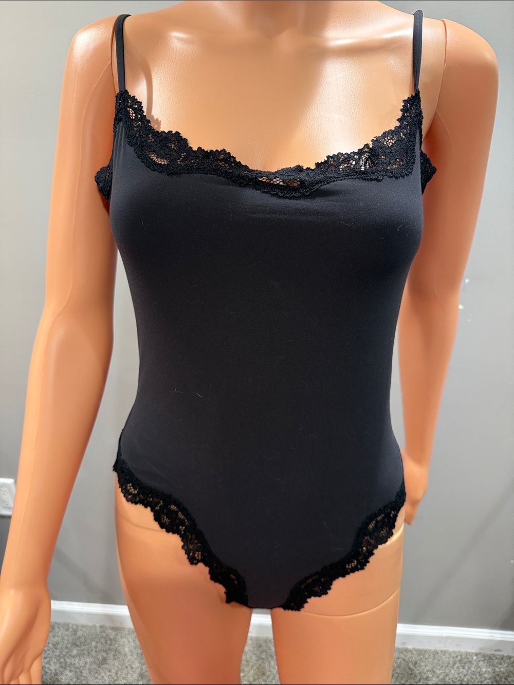SKIMS Black Lace-Trim Camisole Bodysuit